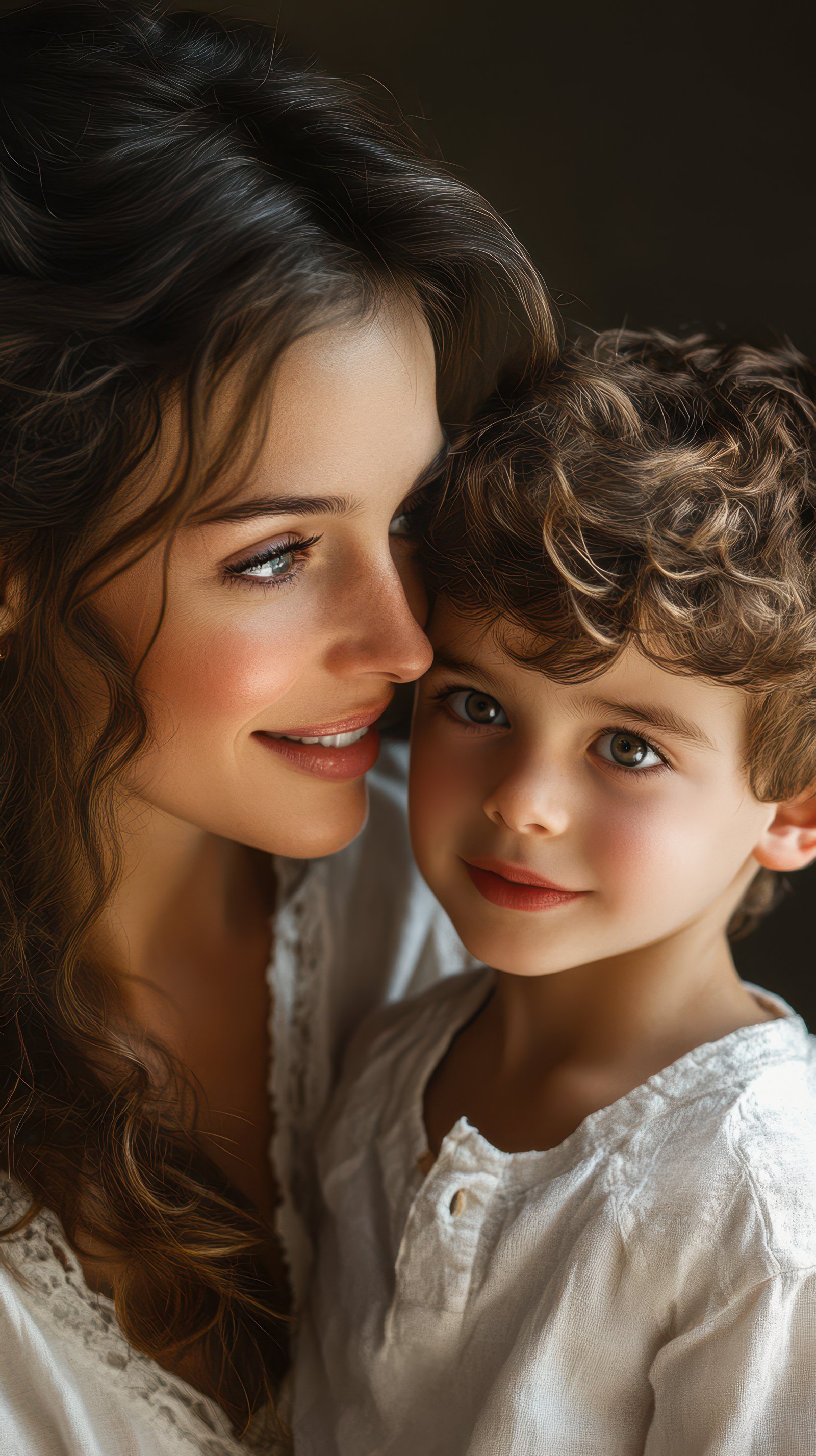Mother and son share a joyful moment with warm smiles in a cozy indoor setting during a peaceful afternoon